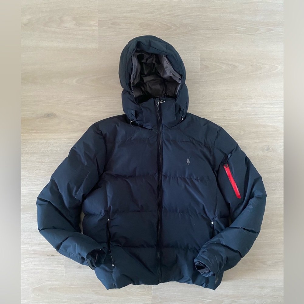Mens Ralph Lauren Black Puffer Jacket with Red Accent Size L